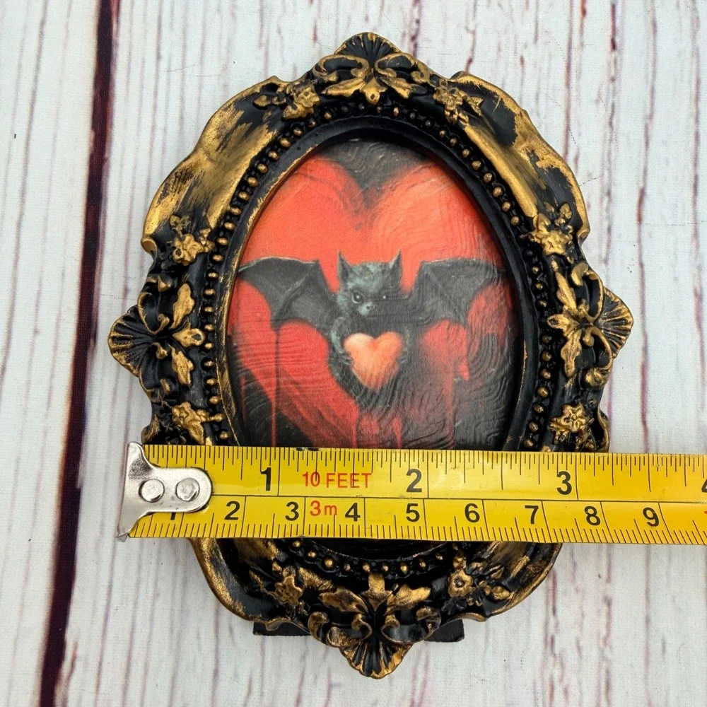 Gothic Bat Heart Art Print Distressed Gold Oval Frame Decoupage Tabletop Decor